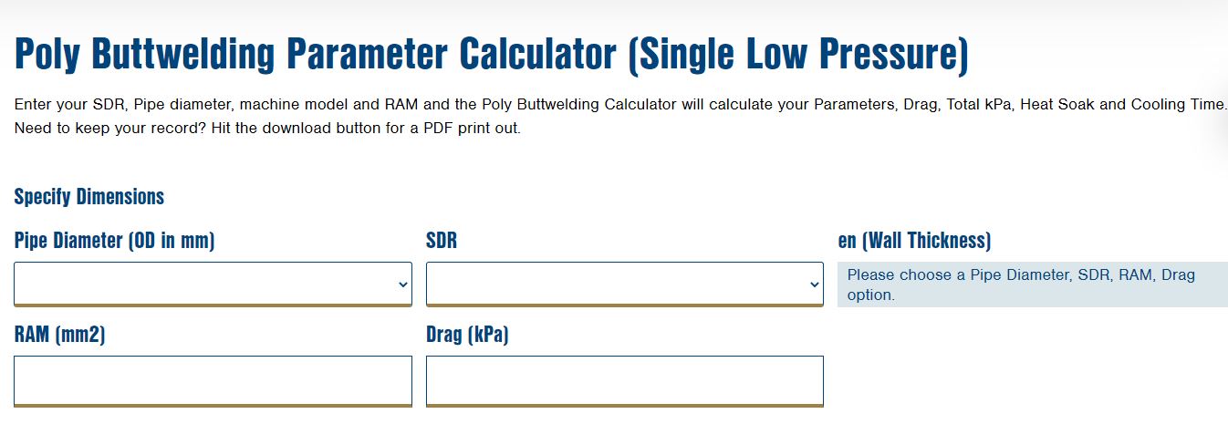 Quick guide to Poly Buttwelding Parameter Calculator (Single Low Pressure)